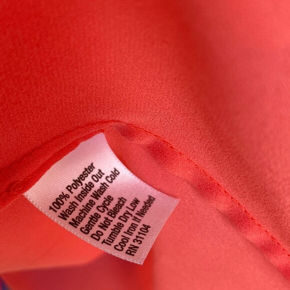 Cynthia Rowley Pleated Short Sleeve Chiffon Tie Neck Dressy Blouse Coral Large - Picture 11 of 12